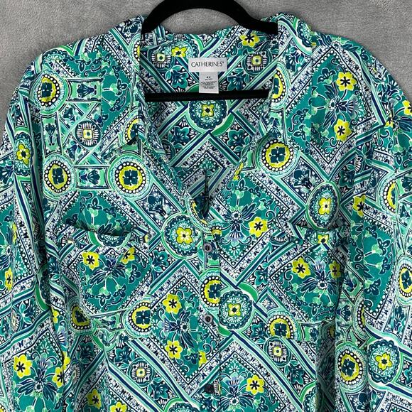 Catherines Top Womens 4X Green Floral Button Down 3/4 Length Sleeve Career Beach - Picture 2 of 13